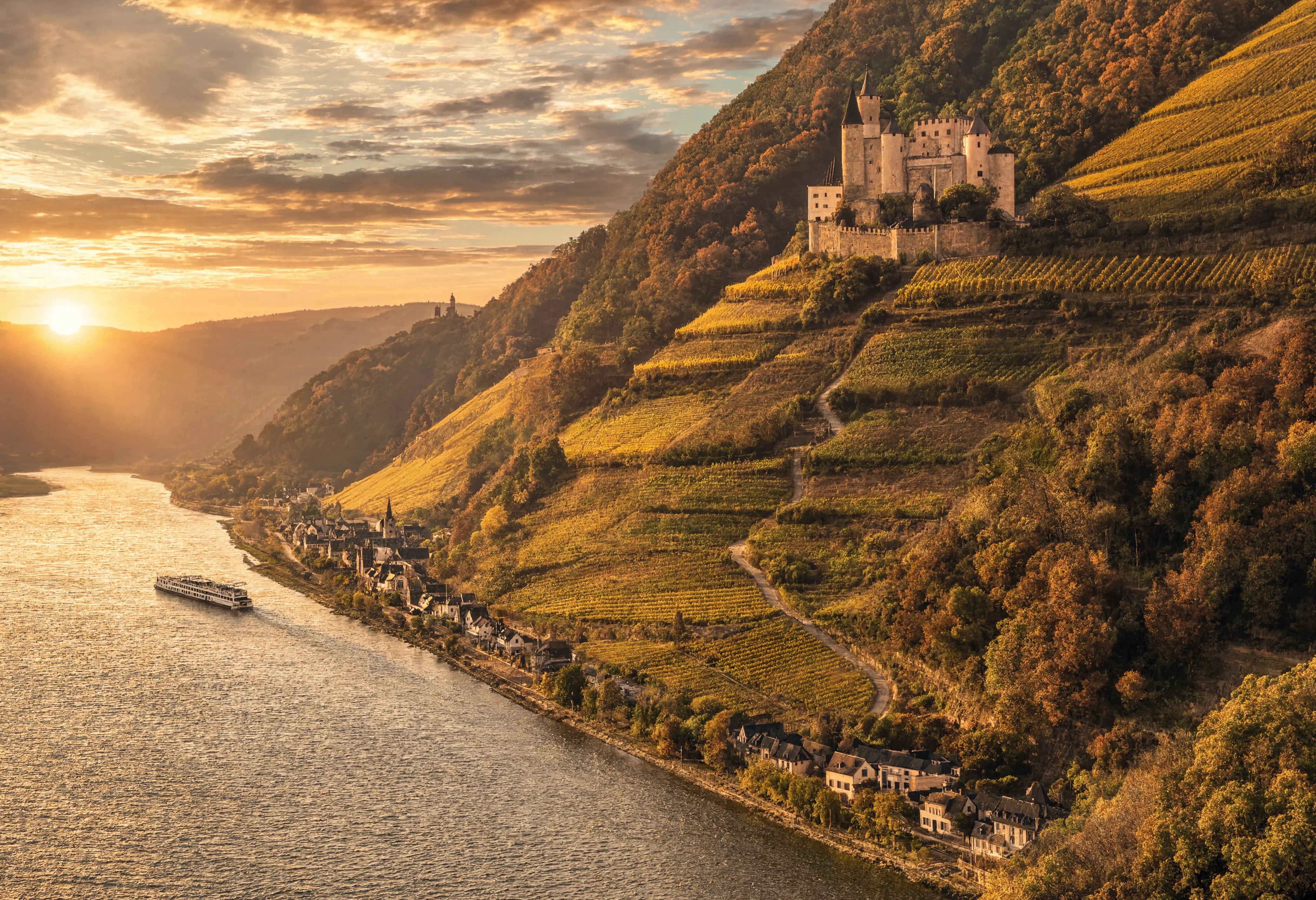 Rheintal im Herbst — goldene Weinberge über dem Rhein